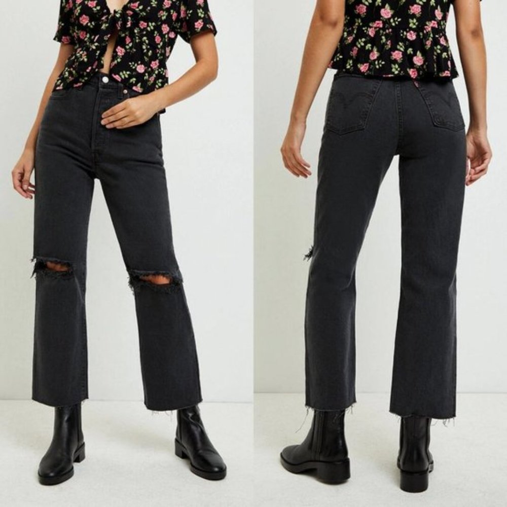 Women’s Black Levi High Waist Rib Cage Straight Leg Frayed Cabo Nights Jeans 25